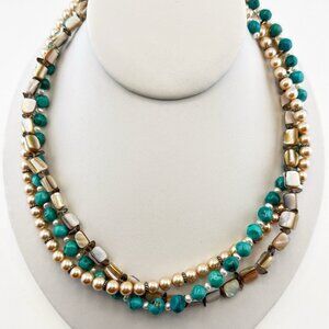 Deb Guyot Necklace Turquoise Pearl Triple Strand Sterling Silver 925 HSN Torsade